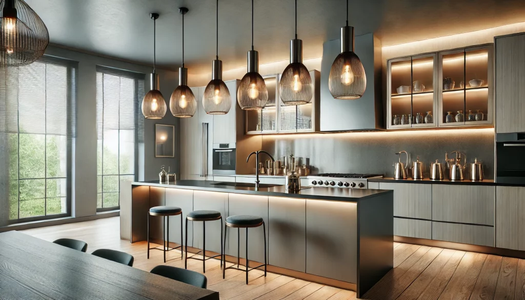 Modern Kitchen With Stylish Pendant Lights Hanging