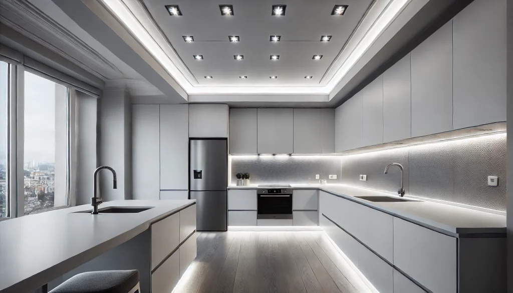 A Modern Kitchen With Recessed Lighting Installed In The Ceiling