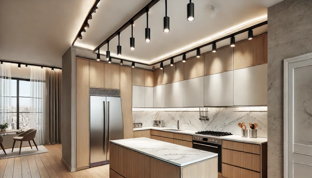 A Kitchen With Track Lighting Installed On The Ceiling