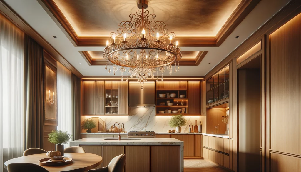 A Modern Kitchen With A Beautiful Chandelier Hanging From The Ceiling