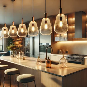 modern kitchen with stylish hanging lights as the main focus