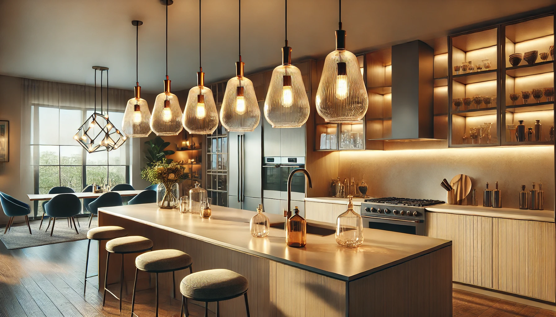 modern kitchen with stylish hanging lights as the main focus